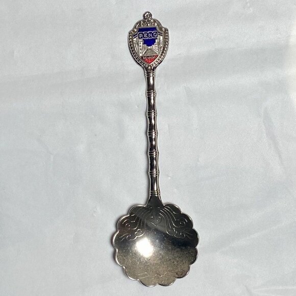 Reno Nevada Souvenir Spoon Scalloped 4 1/4" Silver Tone Enamel Shield Vintage - Picture 1 of 5